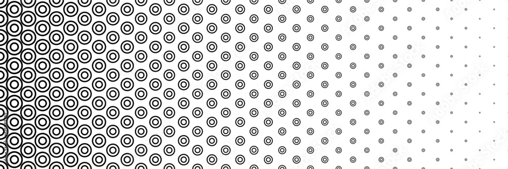 horizontal halftone of black circle in circle design for pattern and background.