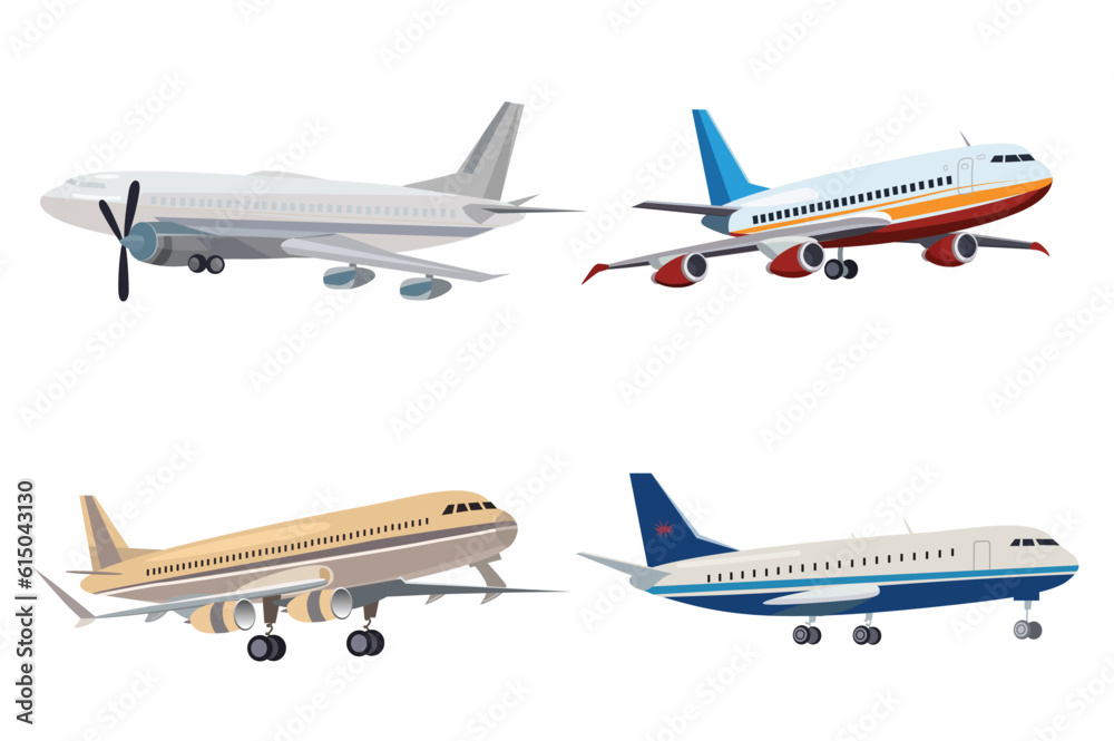 Set of airplanes. A playful cartoon illustration of a set of magic airplanes in a flat design on a white background. Vector illustration.