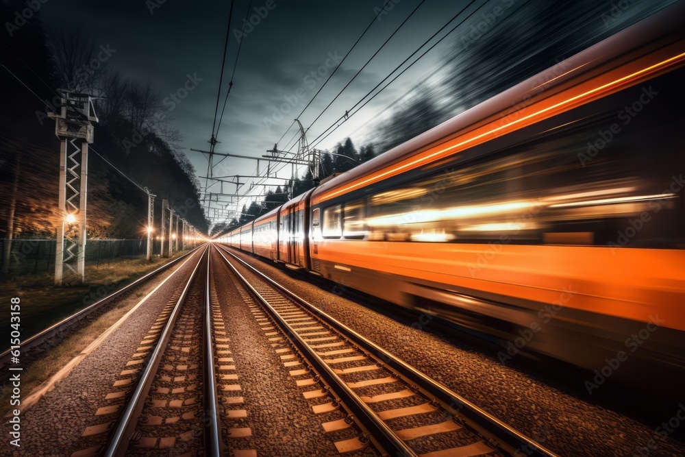 Train passing a high speed by with long exposure trails of light, creating a sense of speed and motion. Generative AI Train passing a high speed by with long exposure trails of light, creating a sense of speed and motion. Generative AI