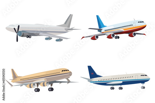 Set of airplanes. A playful cartoon illustration of a set of magic airplanes in a flat design on a white background. Vector illustration.