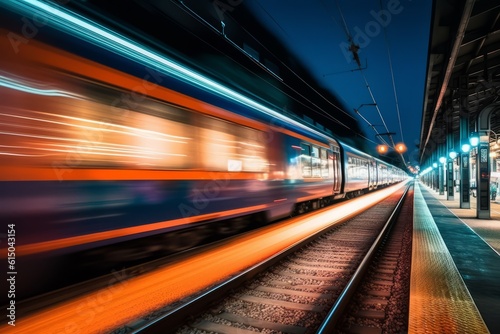 Train passing a high speed by with long exposure trails of light, creating a sense of speed and motion. Generative AI