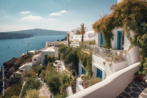 Mediterranean style white elegant houses on the slope with sea view, greek architecture with blooming plant climbing a wall. Modern greek architecture. Traditional villa of Santorini. Generative AI © Sheremetio