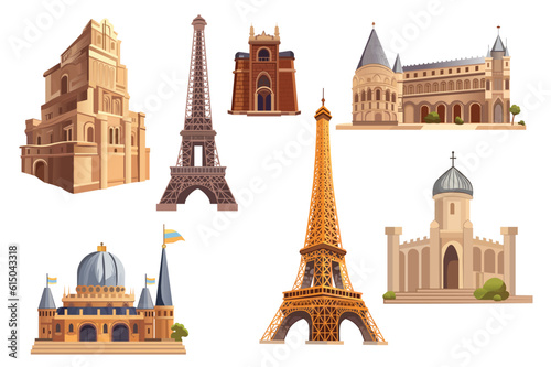 Artichelen set of isolated elements. Whimsical cartoon illustration featuring a set of iconic architectural monuments in a charming flat-design style. Vector illustration.