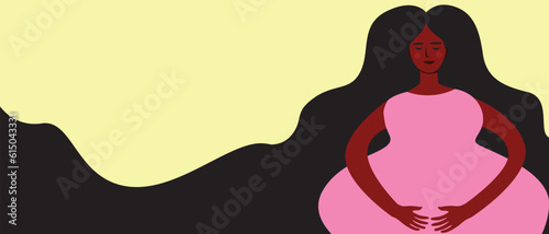 Diverse pregnant woman with black skin with long hair, reproduction concept as copy space template for design, flat vector stock illustration