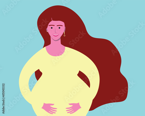 Freckled pregnant woman with red hair, flat vector stock illustration