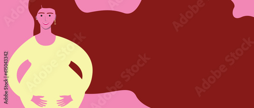 Pregnant woman with long hair, childbearing concept, like copy space template for design, flat vector stock illustration
