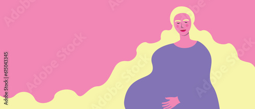 Natural overweight pregnant woman with long hair with tummy as template with place for text, flat vector stock illustration