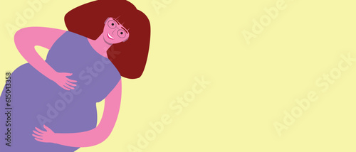 Visually impaired pregnant woman in glasses with tummy as copy space template for design, flat vector stock illustration
