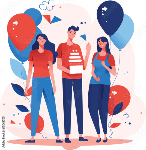 People having birthday celebration, event, fun, flat illustration, man woman