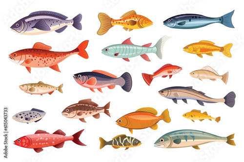 Fish set. Playful cartoon illustration showcasing a charming set of flat-design fish creatively designed with vibrant colors and patterns, adding a delightful touch to the scene. Vector illustration.