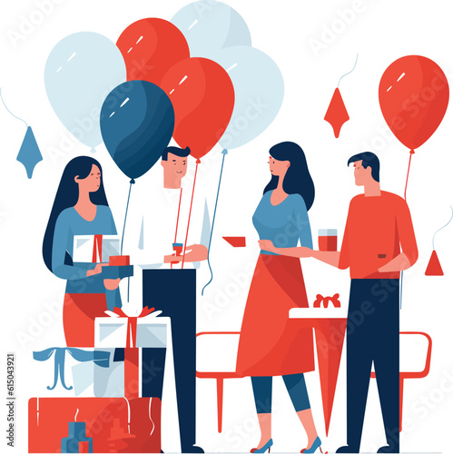 People having birthday celebration, event, fun, balloon decoration, flat illustration, man woman
