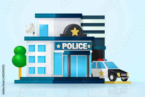 Police station and car, department building 3d vector, on bright blue background. Suitable for design elements