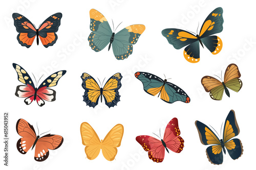 Butterfly set. Playful cartoon illustration featuring a charming set of flat-design butterflies, creatively designed with vibrant colors and intricate patterns. Vector illustration. © Andrey