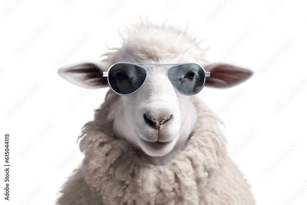 Closeup Portrait of Funny Sheep Wearing Sunglasses on Transparent Background, AI