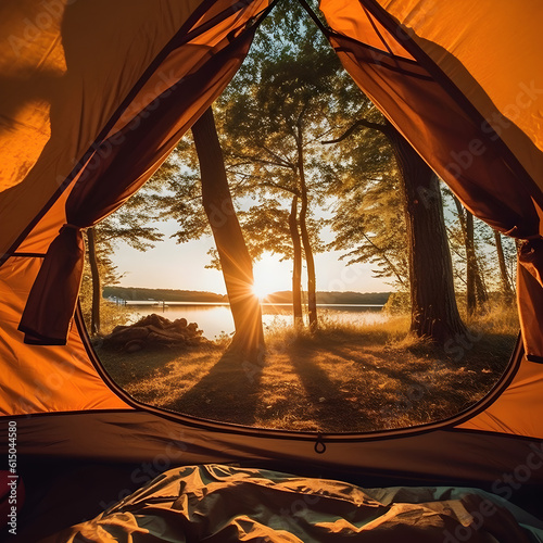 view of a lake from a camping tent, summer, holidays, adventure. 