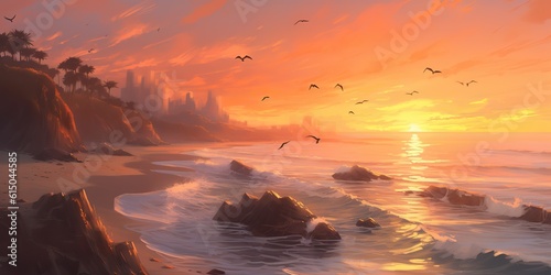 AI Generated. AI Generative. Sunset seagulls sea ocean beach vacation tropic paradise exotic island trip adventure nautical romantic vibe. Graphic Art