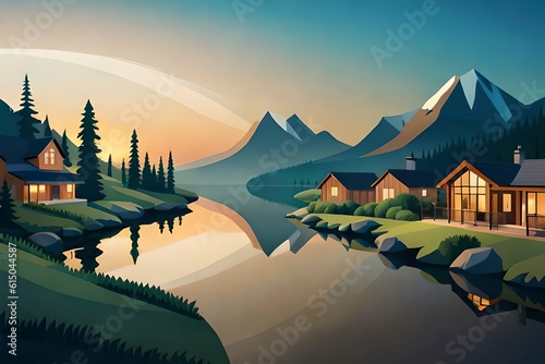 cartoon illustration, beautiful landscape with lake and mountains, ai generative.