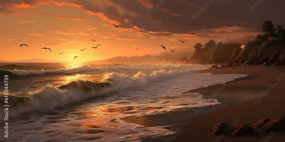 AI Generated. AI Generative. Sunset seagulls sea ocean beach vacation tropic paradise exotic island trip adventure nautical romantic vibe. Graphic Art AI Generated. AI Generative. Sunset seagulls sea ocean beach vacation tropic paradise exotic island trip adventure nautical romantic vibe. Graphic Art
