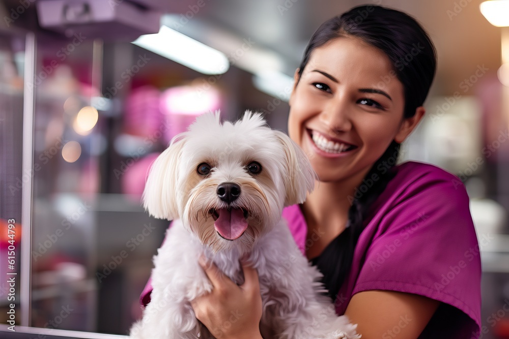 Energetic Female Small Business Owner Grooming Fluffy Canine in Modern Pet Salon. Generative AI. Energetic Female Small Business Owner Grooming Fluffy Canine in Modern Pet Salon. Generative AI.
