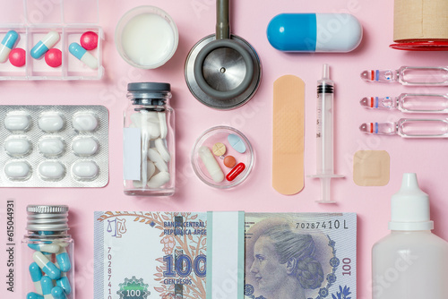 Healtcare and medicine industry flat lay, Argentine peso