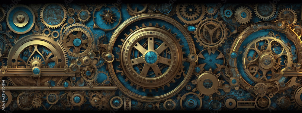 clock background, generative, ai, machine, mechanical, green, blue, gold