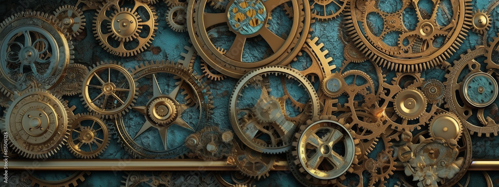 clock background, generative, ai, machine, mechanical, green, blue, gold