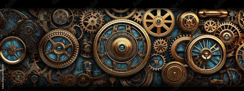 clock background, generative, ai, machine, mechanical, green, blue, gold