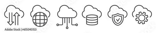 Cloud computing, technology and on-demand availability vector thin line icon collection on white background