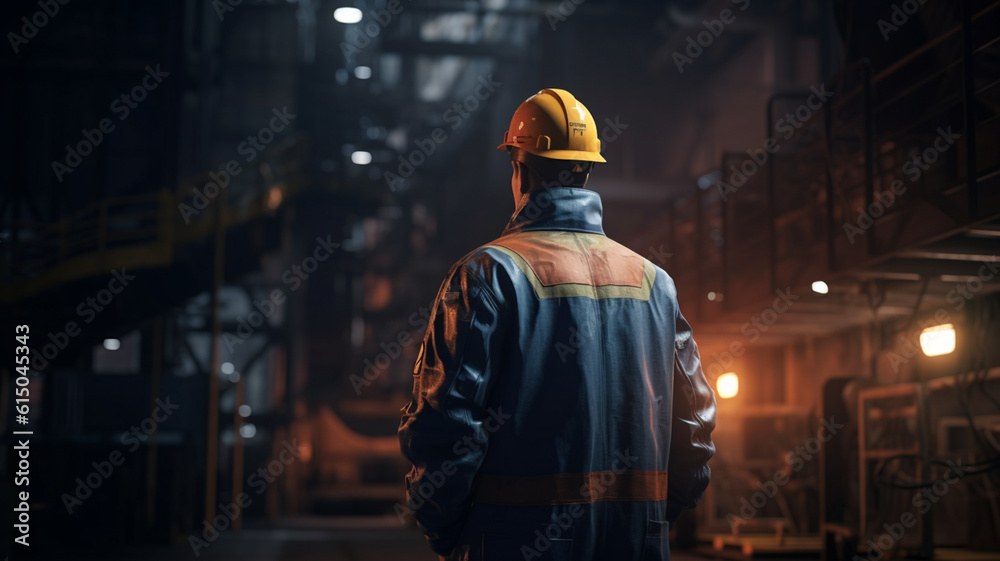 A worker in front of a nuclear power plant, in full growth. created by AI