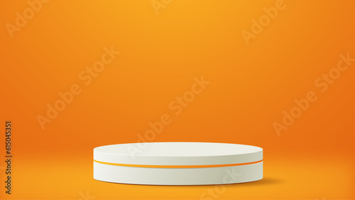 Realistic 3d cylinder pedestal podium on orange background. Pastel minimal scene. Stage for showcase, Product display