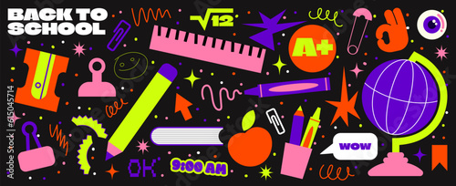 School element stickers, stationery in cartoon retro cartoon groovy style