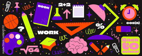 School element stickers, stationery in cartoon retro cartoon groovy style