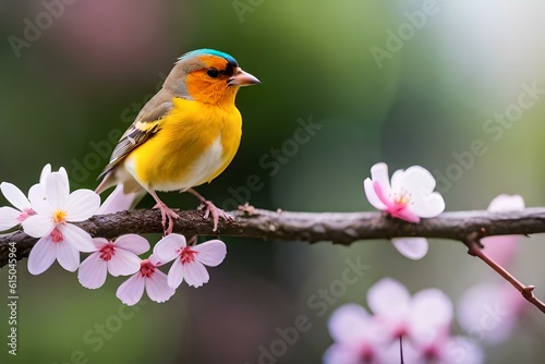 A tiny finch on a branch with spring flowers on background generated by Ai