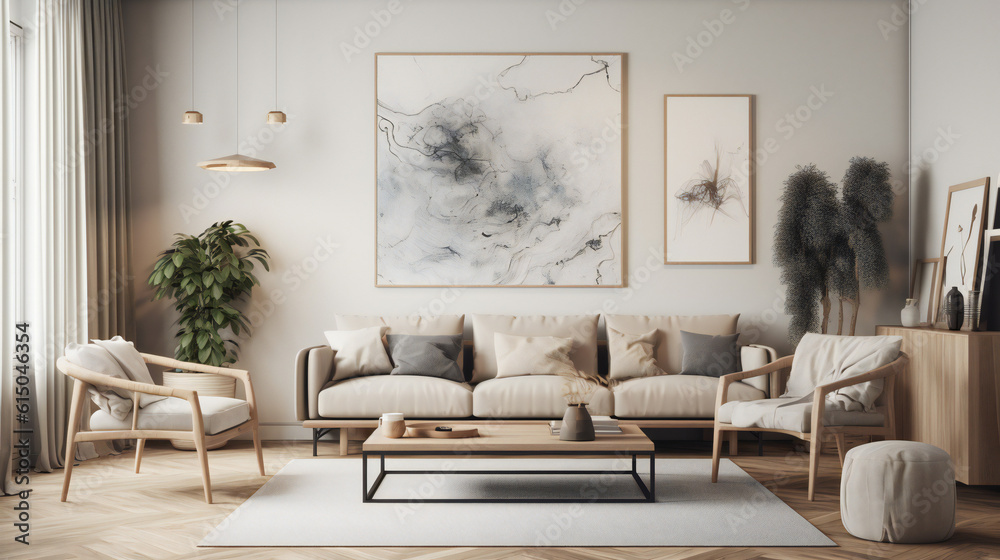 Stylish Interior with an Abstract Mockup Frame Poster, Modern interior design, 3D render, 3D illustration Stylish Interior with an Abstract Mockup Frame Poster, Modern interior design, 3D render, 3D illustration