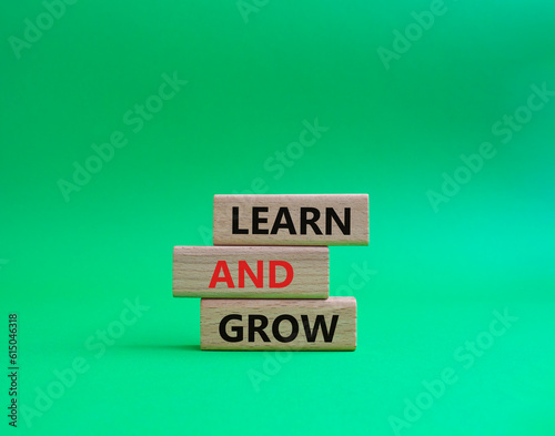 Learn and grow symbol. Concept words Learn and grow on wooden blocks. Beautiful green background. Business and Learn and grow concept. Copy space.