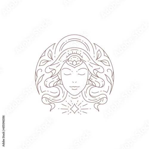 Magic spiritual beauty woman portrait floral ornate line minimal logo for makeup skin care vector