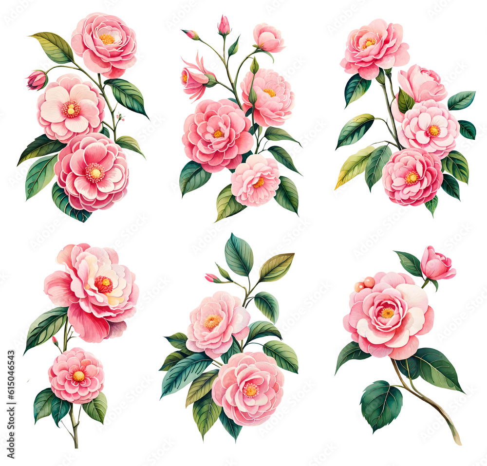 Watercolor camellia set. Generative Ai