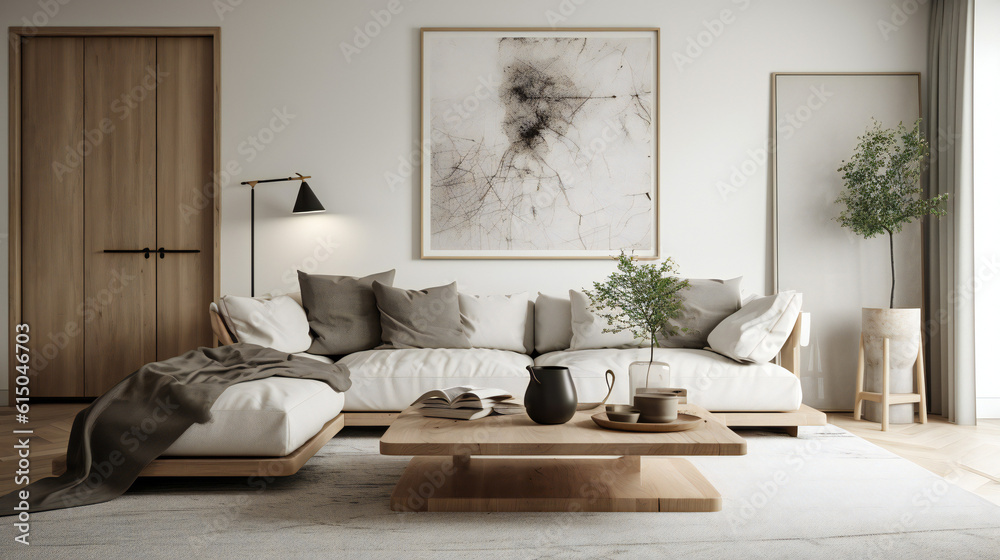 Stylish Interior with an Abstract Mockup Frame Poster, Modern interior design, 3D render, 3D illustration Stylish Interior with an Abstract Mockup Frame Poster, Modern interior design, 3D render, 3D illustration