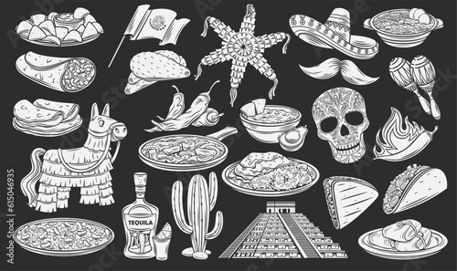 Cinco de mayo glyph icons set. Mexican food and ziggurat landmark, flag of Mexico vector illustration. Stamps of Mexican culture symbols, cutout paper decoration for party and fiesta.