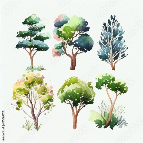 green trees set  watercolor style Generative AI