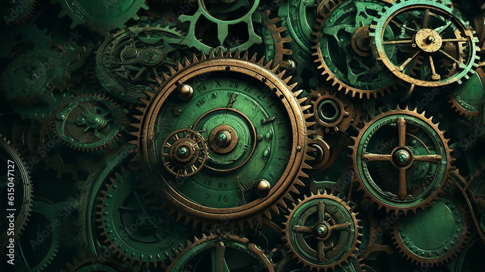 clock background, generative, ai, machine, mechanical, green, blue, gold