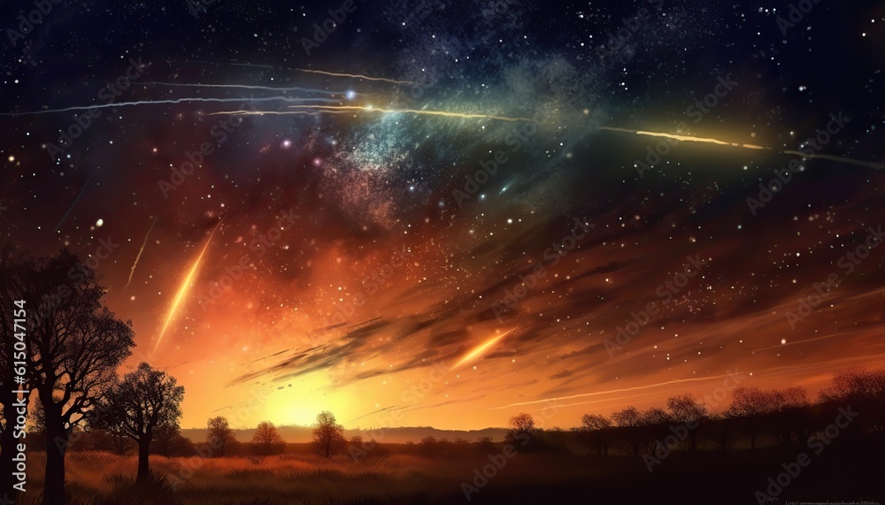 AI Generated. AI Generative. Night sky shooting stars. Astrology galaxy falling universe vibe view. Graphic Art AI Generated. AI Generative. Night sky shooting stars. Astrology galaxy falling universe vibe view. Graphic Art