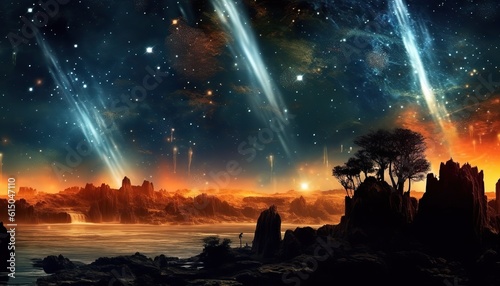 AI Generated. AI Generative. Night sky shooting stars. Astrology galaxy falling universe vibe view. Graphic Art