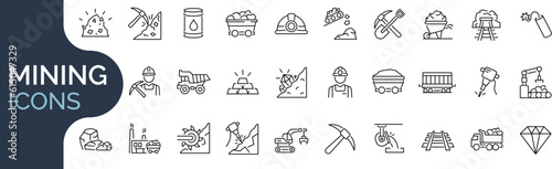 Set of outline icons related mining, coal, industry. Editable stroke. Vector illustration. 