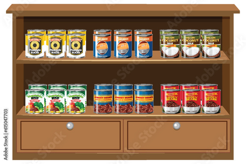 Canned food on wooden shelf