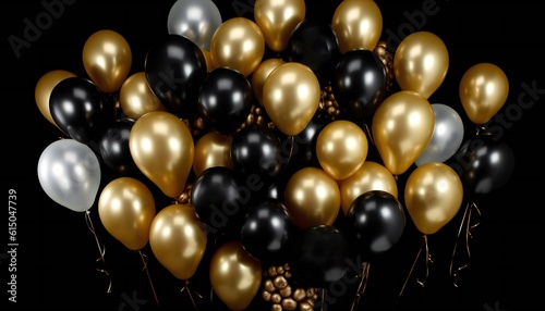 Golden and yellow balloons. Birthday and celebration balloons. Generative ai art