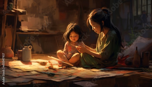 Asian little girl and mother sitting on the floor and drawing. Generative ai art