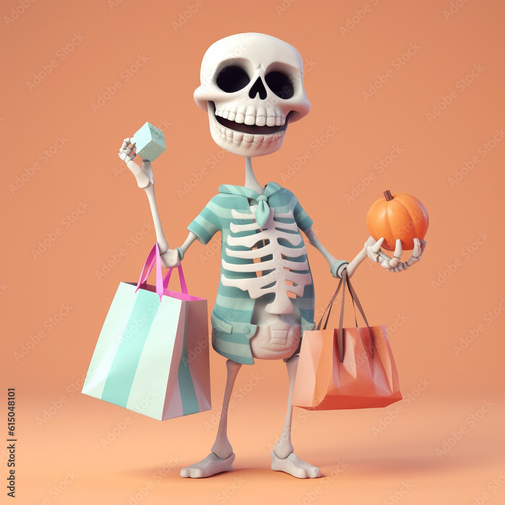 Funny skeleton hold shopper bags party preparation. Email marketing web banner. Celebrating Halloween or Day of the dead. Black friday