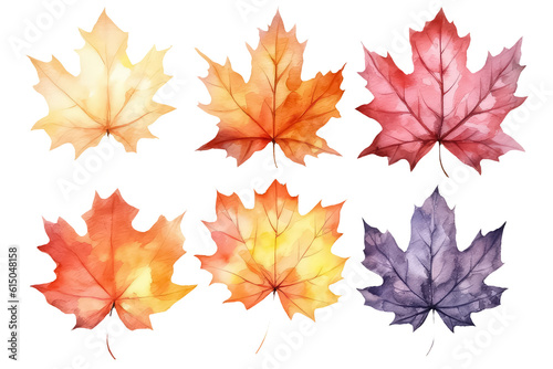 Watercolor set of beautiful colorful autumn leaves
