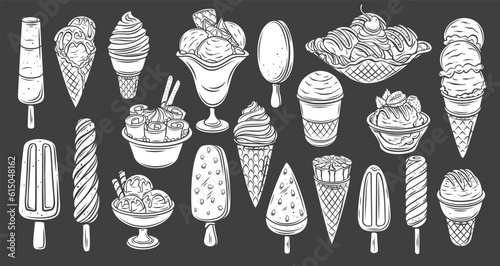 Ice cream glyph icons set. Stamps of frozen summer dessert for restaurant menu, sundae in waffle cone, spiral ice lolly and popsicle on stick, frozen gelato in bowl vector illustration